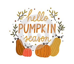 Hello pumpkin season cute colorful composition with quote inscription vector flat illustration. Colorful autumn hand