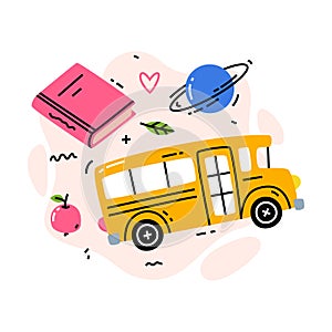 Hello School with Bus, Apple, Book and Planet Vector Composition