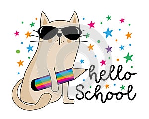 Hello School - happy greeting with cool cat and pencil