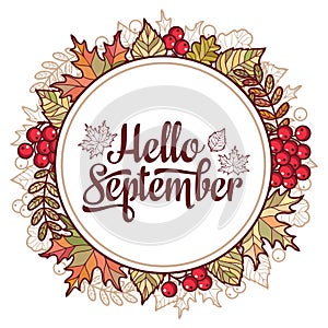 Hello September. Autumn leaf ornamental frame.