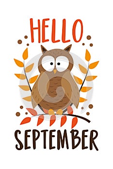 Hello September - autumnal greeting with owl on branch.