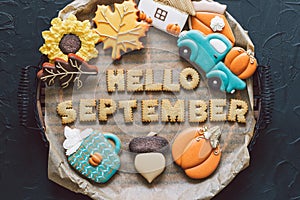 Hello September. Multicolored autumn cookies on a black background.