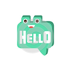 Hello Speech Bubble, Word And Corresponding Illustration, Cartoon Character Emoji With Eyes Illustrating The Text