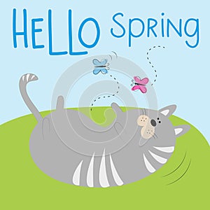 Hello Sping- text with cute cat and butterflies.