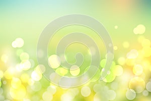 Hello spring background. Abstract bright spring or summer landscape texture with natural green yellow bokeh lights and sunshine on