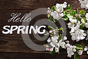 Hello spring background with apple blossom branches on wooden table