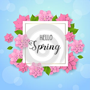 Hello Spring background with beautiful colorful flower. Vector illustration