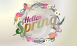 Hello spring background with a beautiful flower wreath. Vector illustrations - vectorielles