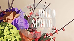 Hello spring background with beautiful realistic colorful flower arrangement