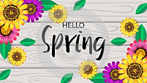 Hello Spring background with beauty flower blossom on the wood background