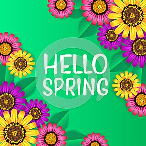 Hello Spring background with beauty purple, pink, yellow flower blossom