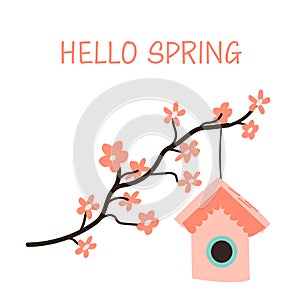 Hello spring background with cherry blossom sakura and birdhouse