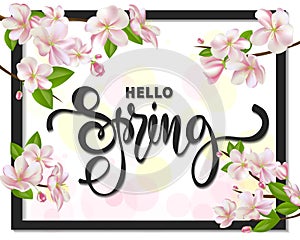 Hello spring background with cherry blossoms, leaves and branches.Greeting card with hand drawn lettering. Vector