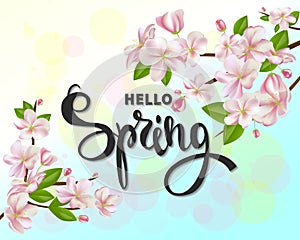 Hello spring background with cherry blossoms, leaves and branches.Greeting card with hand drawn lettering. Vector