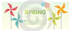 Hello spring background with colorful pinwheels