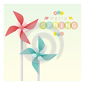 Hello spring background with colorful pinwheels