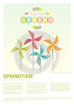 Hello spring background with colorful pinwheels