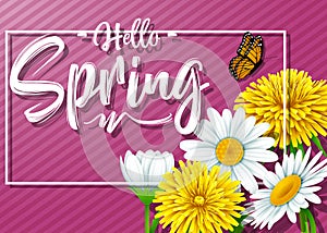 Hello Spring background with flower and butterfly on purple striped and background