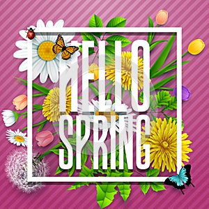 Hello Spring background with flower and insects on striped purple background