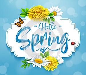 Hello Spring background with flower, ladybug, and butterfly on blue sky background