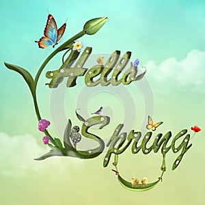 Hello spring background with flowers and butterflies