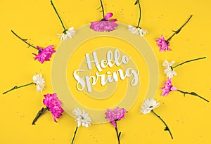 Hello spring background and frame made by flowers, text inscription on yellow, flat lay concept