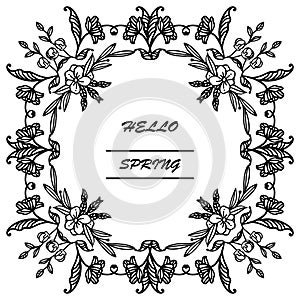 Hello spring background with hand drawn leaf floral frame. Vector