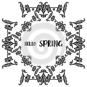 Hello spring background with hand drawn leaf floral frame. Vector