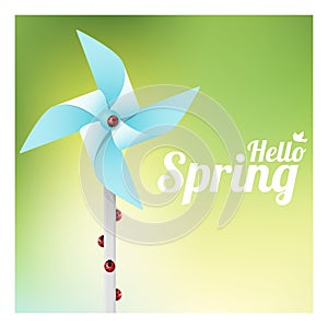 Hello Spring background with ladybugs on colorful pinwheel