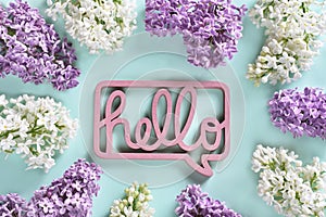 Hello spring background with lilac blossom branches around the picture and callout bubble in the middle