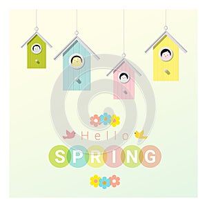 Hello spring background with little birds in birdhouses
