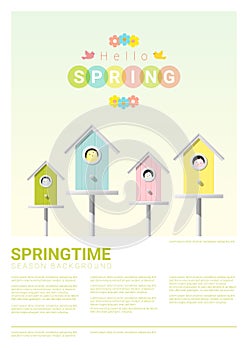 Hello spring background with little birds in birdhouses