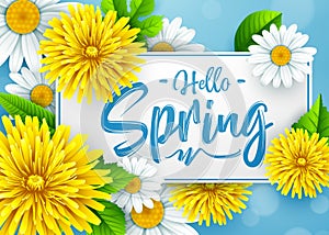 Hello Spring background with wreath, and frame paper rectangle