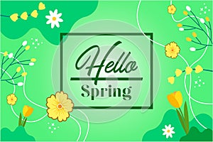 Hello spring  banner design in green textured background