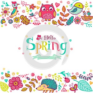 Hello Spring banner in doodle style