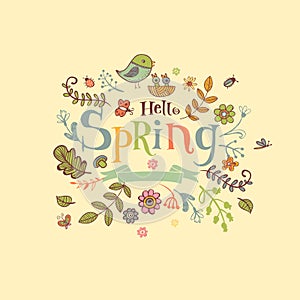 Hello Spring banner in doodle style