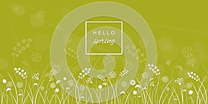 Hello spring banner with flower meadow border.