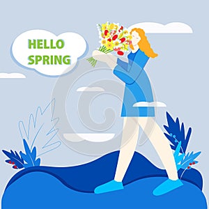 Hello spring banner. Girl adore spring flowers bouquet. Modern blue color illustration