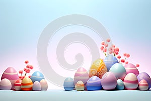 Hello spring banner. Happy Easter card. Many decorated Easter eggs with pink flowers. Pastel color background. Spring