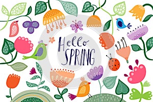 Hello Spring banner, poster, background with seasonal design, floral elements