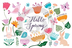 Hello Spring banner, poster, background with seasonal design, floral elements