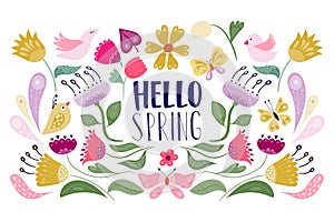 Hello Spring banner, poster, background with seasonal design, floral elements, flowers and birds