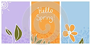 Hello spring banners collection. Background with color leaves, flowers. Nature concept design. Modern floral