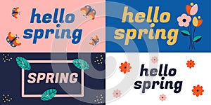 Hello spring banners set. Vector illustration with flowers  leaves  text  butterflies on a solid background.