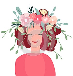 Hello spring, bright illustration with spring lady and flowers in her hair. The concept of happiness, joy, holiday