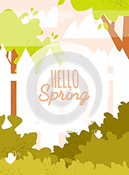 Hello Spring card with a beautiful garden - trees, bushes, butterflies and fence. Flat cartoon vector illustration