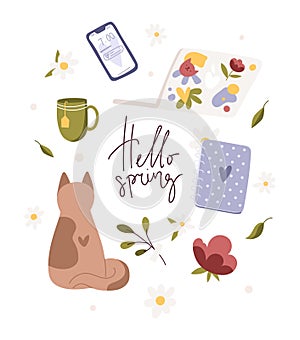 Hello spring card, contemporary art. Seasonal objects collection, hand drawn boho elements set. Modern vector flat