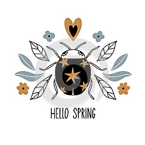 Hello spring. Card, poster with bug