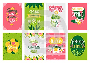 Hello spring cards. Springtime season banners or flyers collection with handwritten positive phrases. Decorative posters