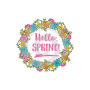 Hello Spring circle flower frame. Spring greeting card.